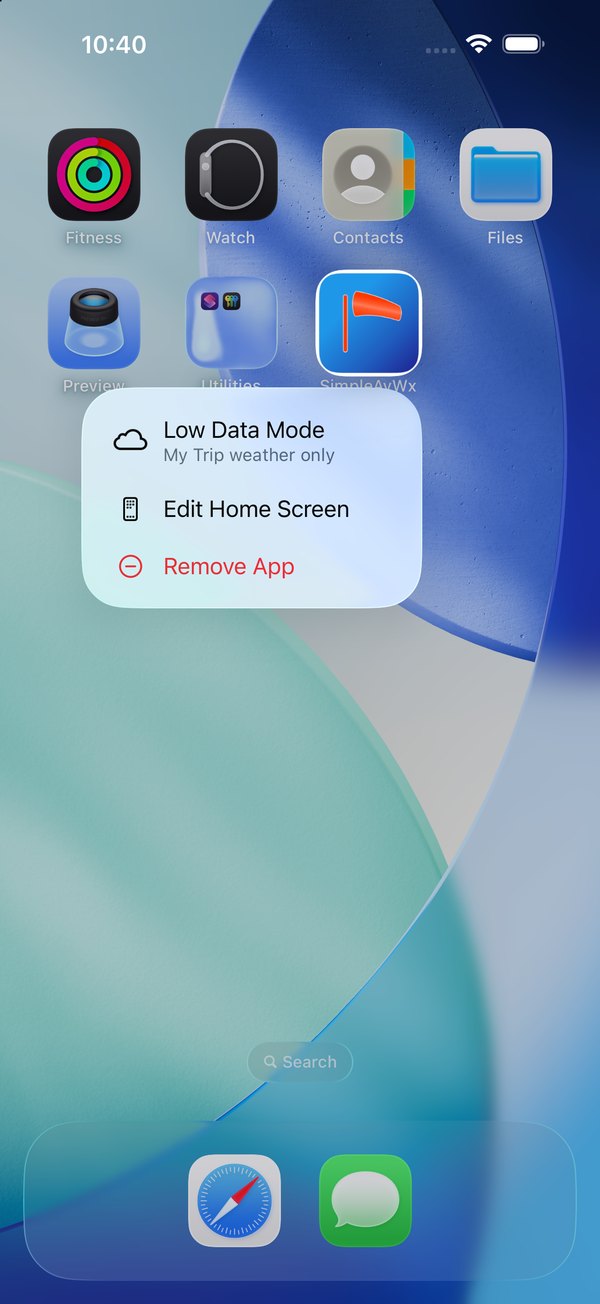 iPhone Home Screen with the SimpleAvWx icon long-pressed, showing the Low Data Mode quick action (My Trip weather only).